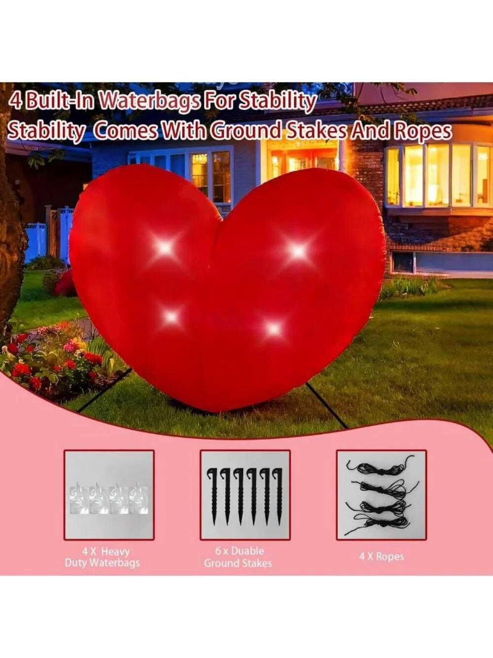 7ft Inflatable Heart Decoration for Valentine's Day - LED Outdoor Yard Decor